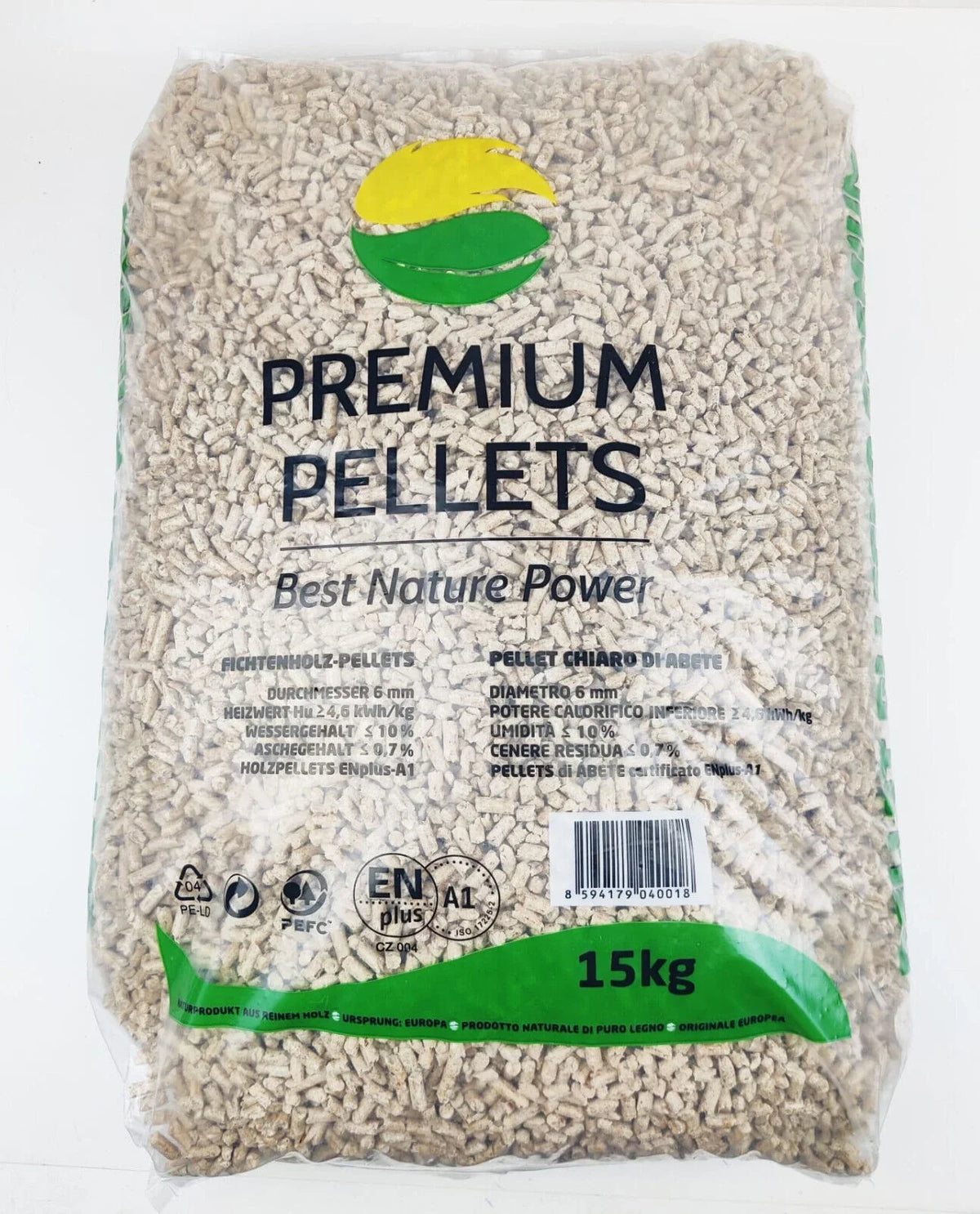 Smrkové pelety Premium Pellets ENplus A1 6 mm – paleta 1 050 kg (70 × 15 kg)