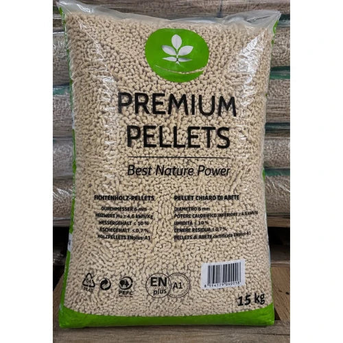 Smrkové pelety Premium Pellets ENplus A1 6 mm – paleta 1 050 kg (70 × 15 kg)