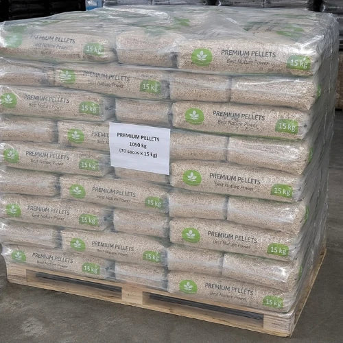 Smrkové pelety Premium Pellets ENplus A1 6 mm – paleta 1 050 kg (70 × 15 kg)