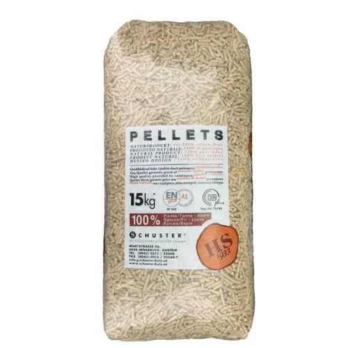 Smrkové pelety Schuster ENplus A1 – paleta 1 080 kg (72 × 15 kg)