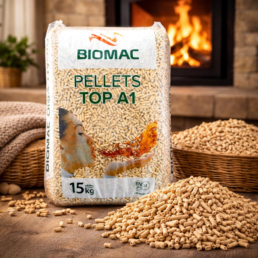 Pelety BIOMAC Top ENplus A1 – paleta 1 050 kg (70 × 15 kg)
